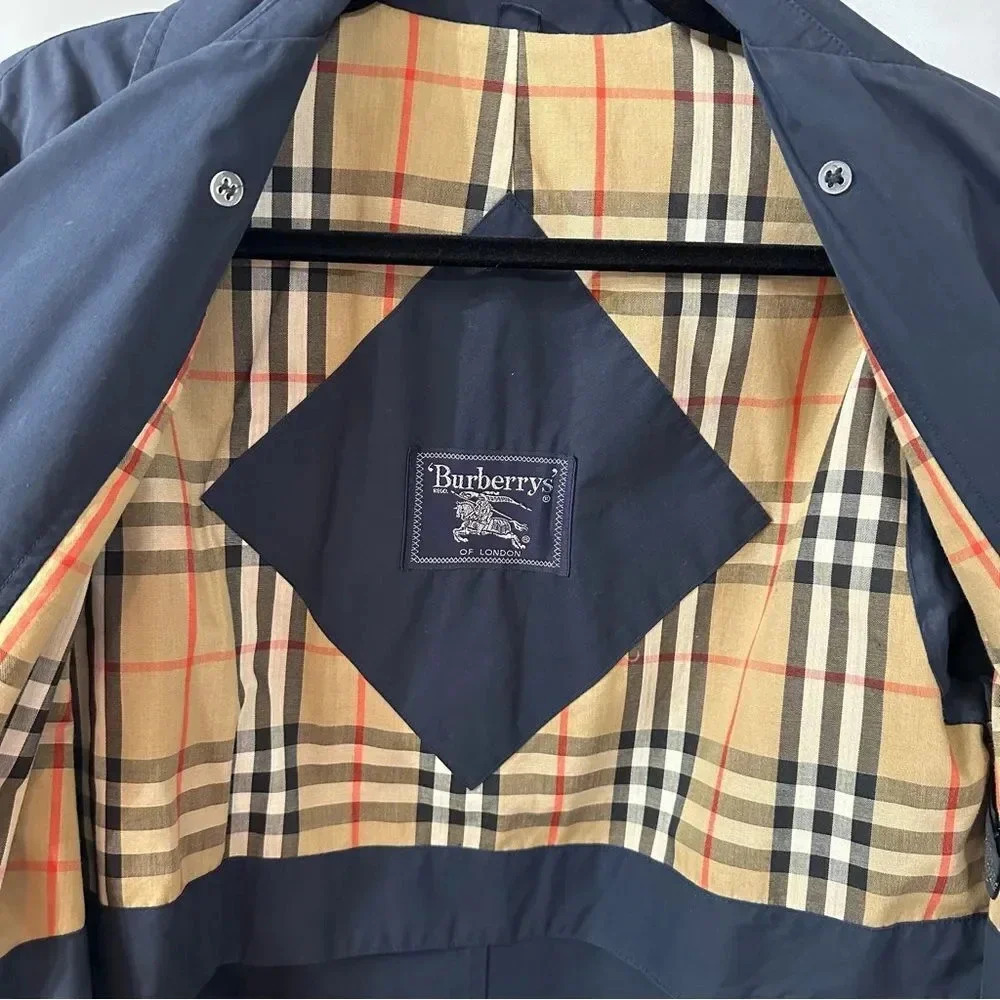 Vintage Burberry Trench Coat Burberrys’ Navy Blue Trench Coat Button Up Size XS - Picture 6 of 8